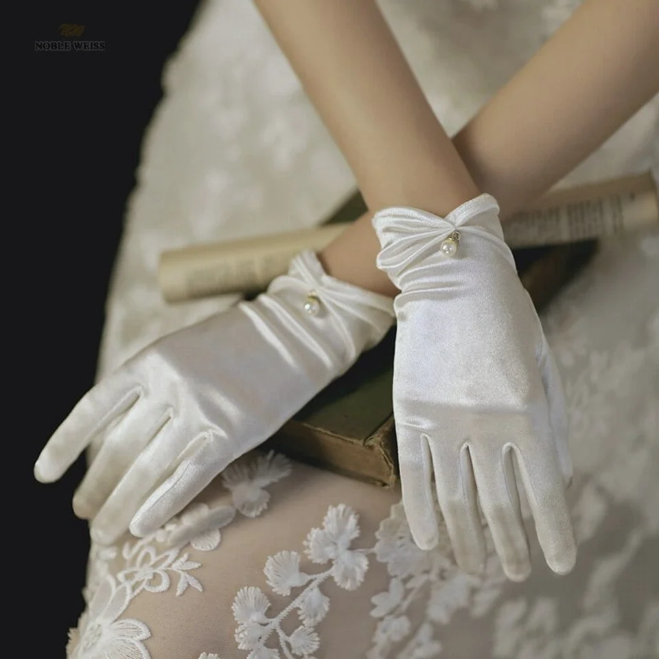 Gants de mariage courts ivoire avec perles
