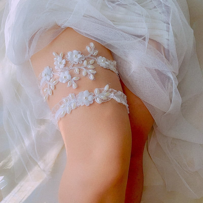 Jarretière mariage en perles et dentelle élastique en deux pièces Jarretière mariage en perles et dentelle élastique en deux pièces